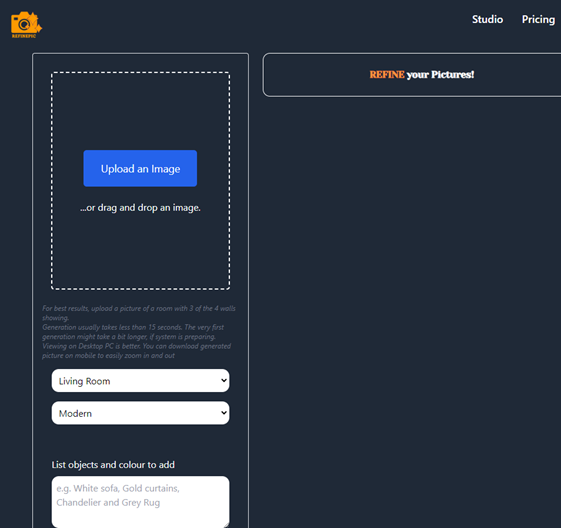 RefinePic Interior AI Studio Page