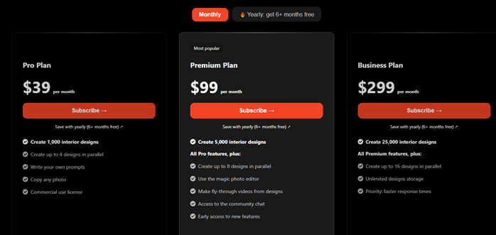 InteriorAI pricing page